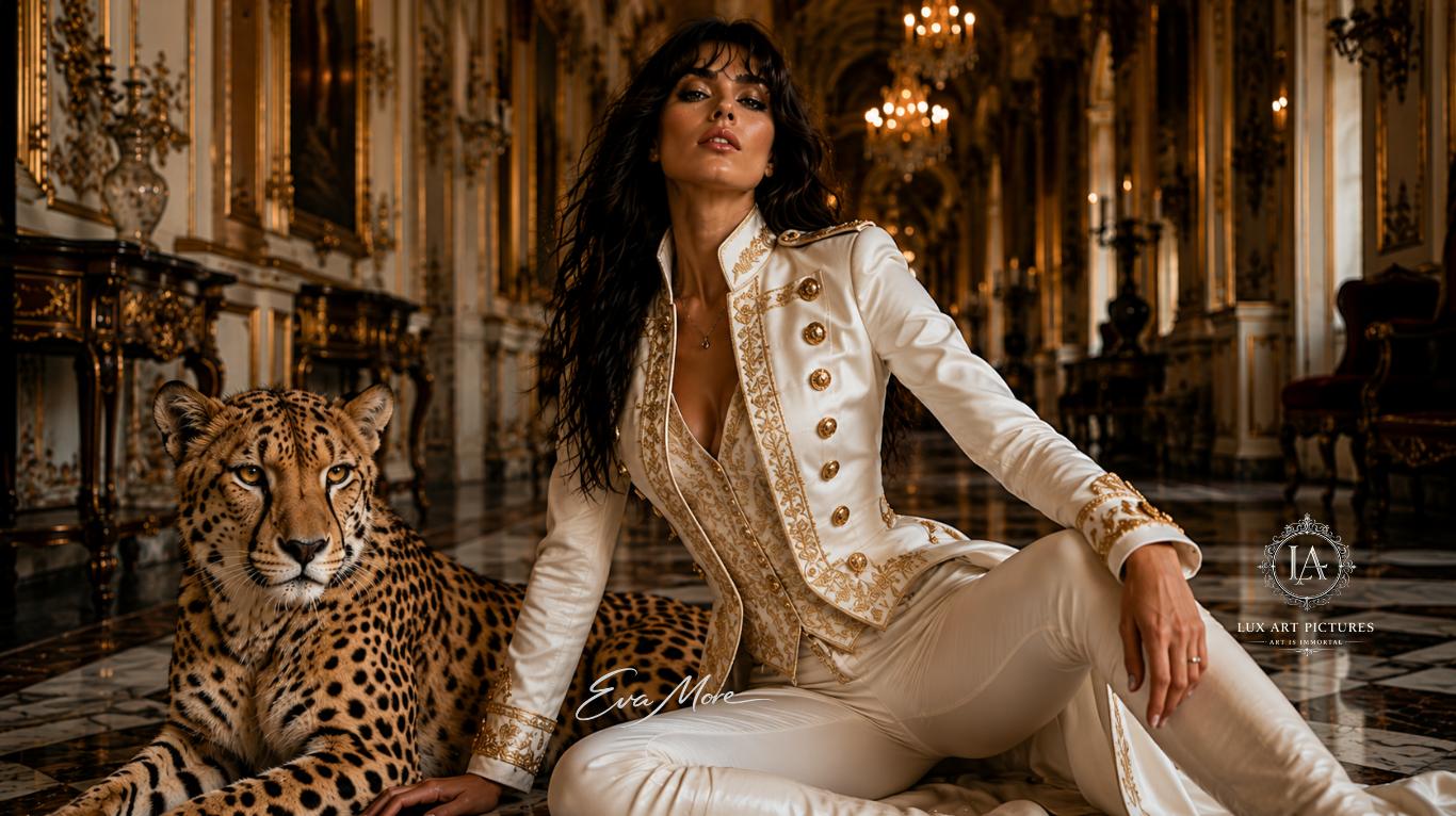 Eva More con ghepardo in un palazzo di lusso — Wild Instinct