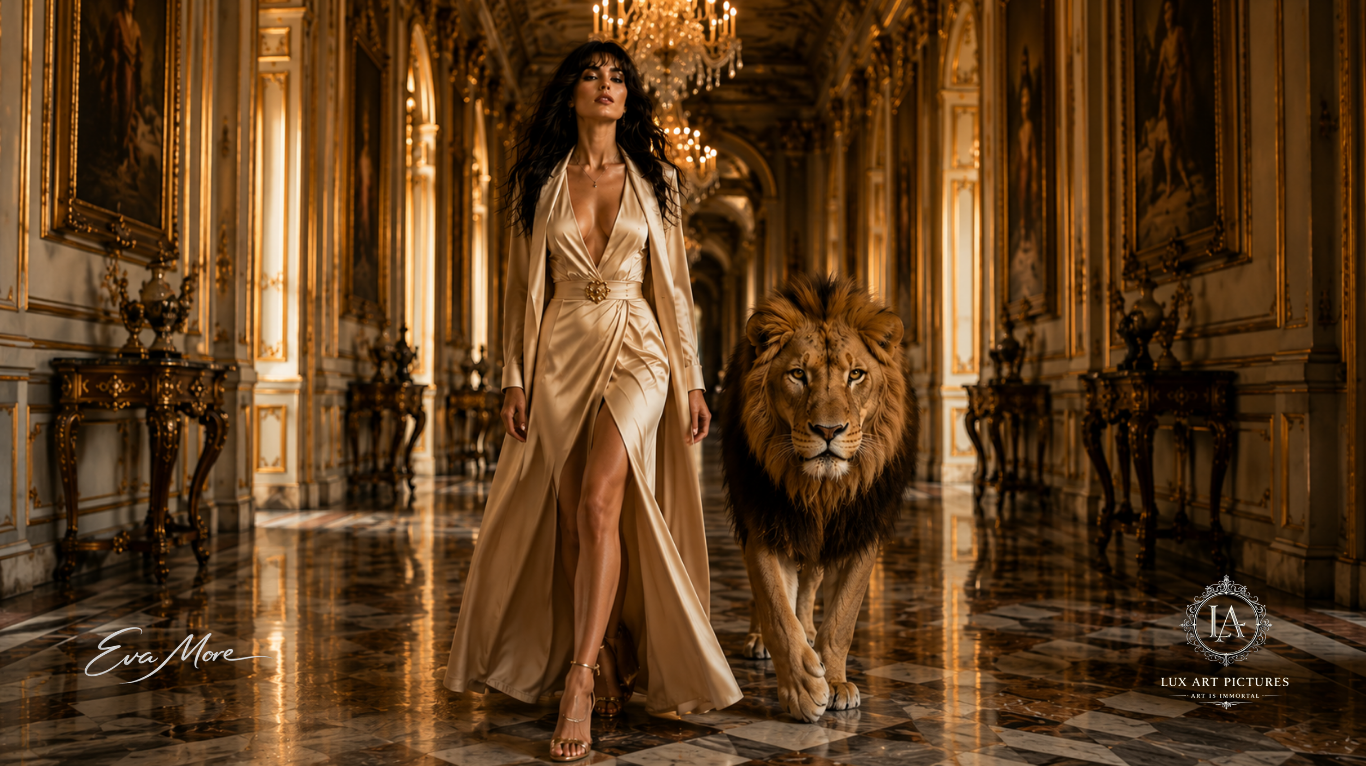Eva More con leone in un palazzo reale dorato — Golden Spirit