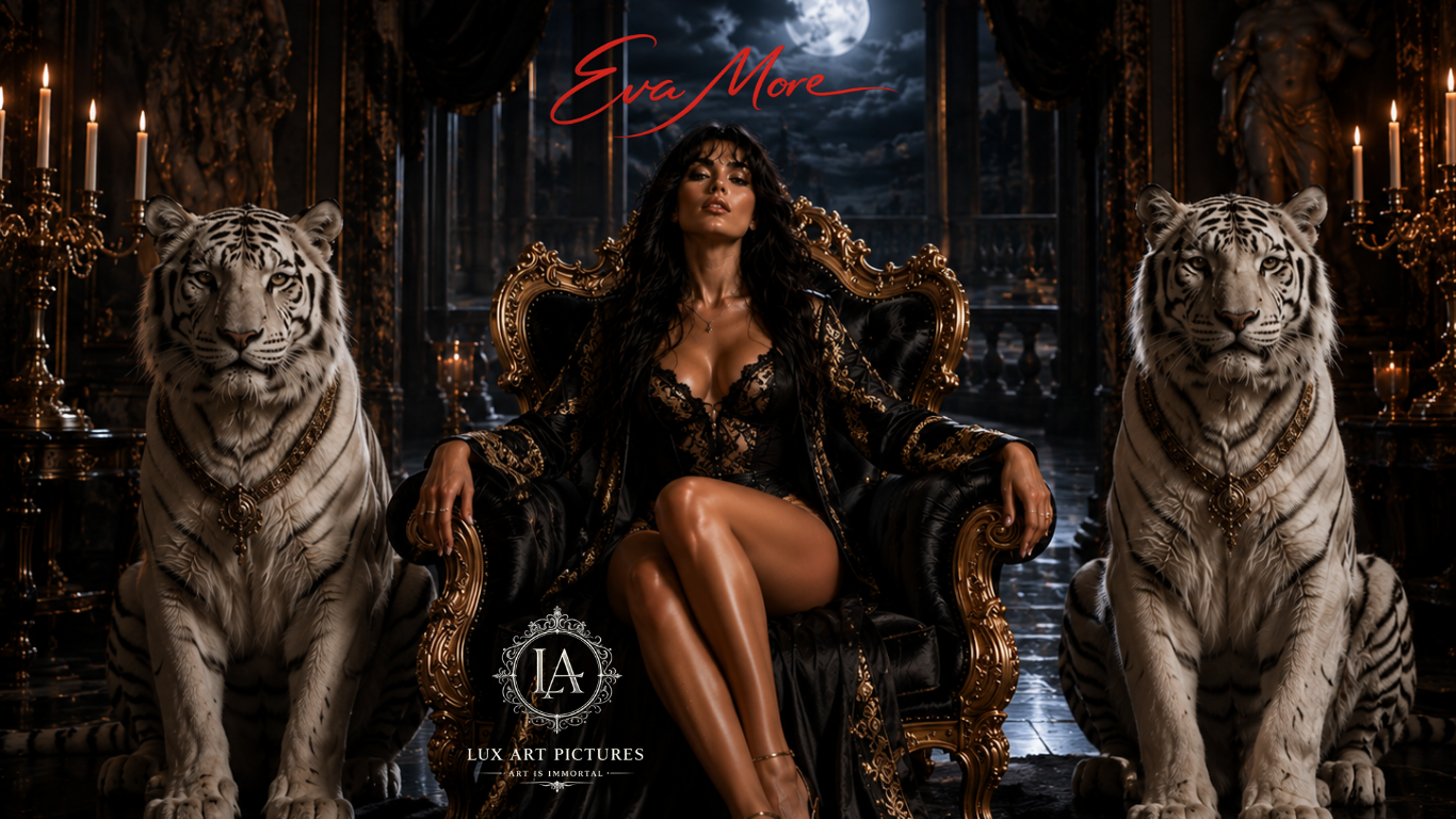Eva More con tigri bianche e trono barocco — Royal Instinct