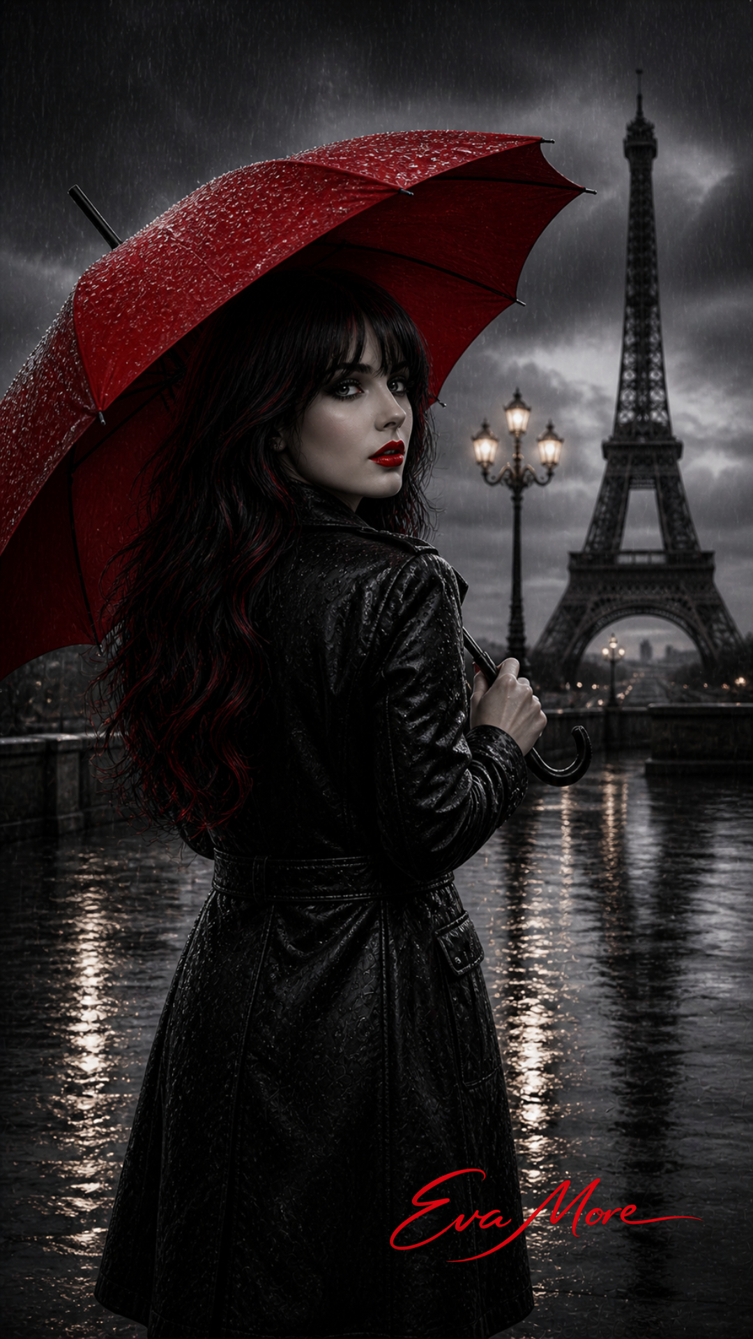 Eva More sotto la pioggia a Parigi con ombrello rosso davanti alla Torre Eiffel