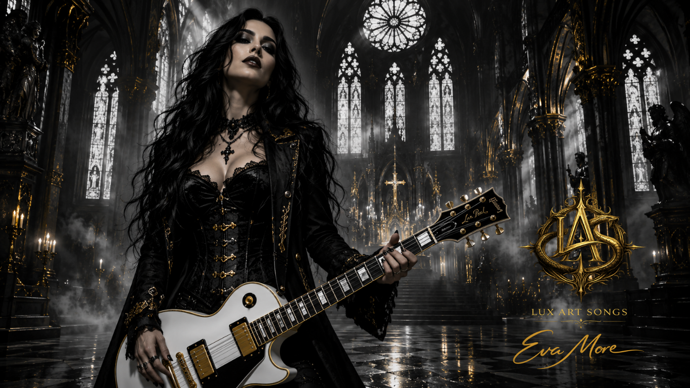 Eva More con Gibson Les Paul bianca nella cattedrale gotica — The Sacred Strings